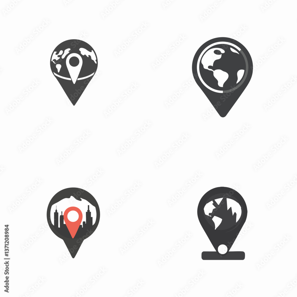 Globe pin vector icon, world travel destination, location marker