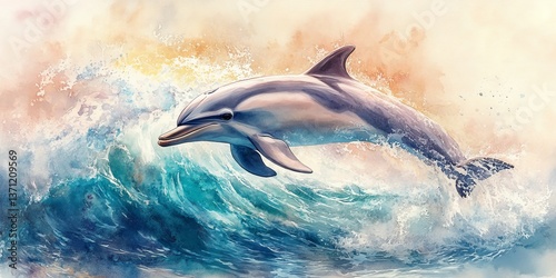 Dolphin jumping over ocean wave watercolor painting