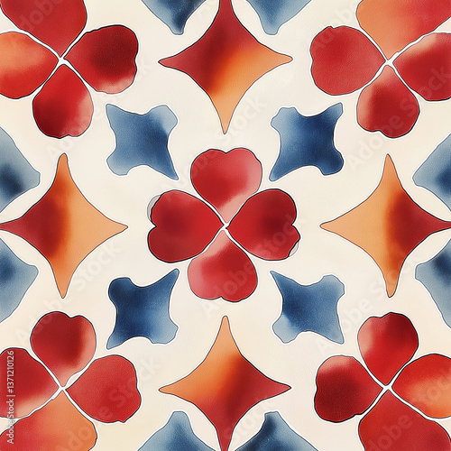 Red flowers and blue and orange stars creating a seamless pattern