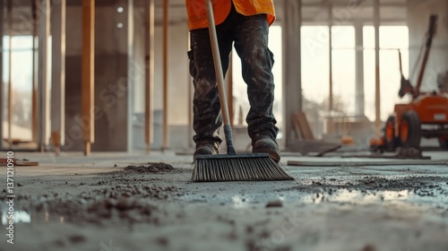 A construction worker cleaning a construction site after work. Featuring care and organization