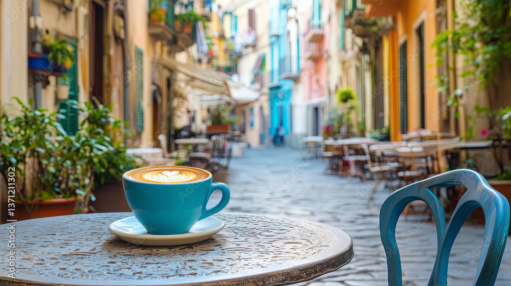 Φωτογραφία Cup of fresh hot coffee in an outdoor cafe in Italian city