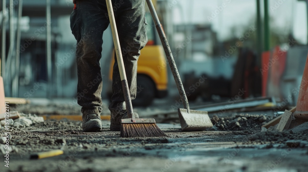 A construction worker cleaning up a worksite with a broom at the end of the day. Featuring attention to detail and care A construction worker cleaning up a worksite with a broom at the end of the day. Featuring attention to detail and care