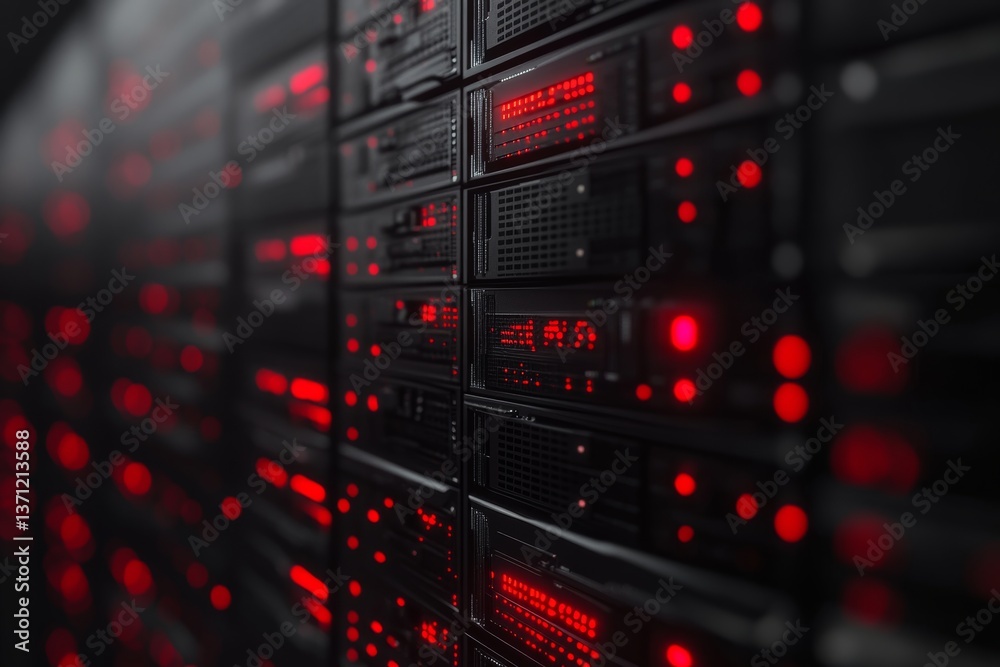 Intriguing 3d visualization of a modern data center with rows of black and red server cabinets Intriguing 3d visualization of a modern data center with rows of black and red server cabinets