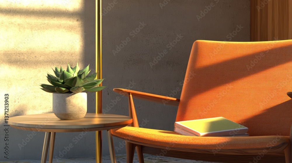 Fototapeta premium Modern Living Room Scene with Orange Armchair and Succulent Plant on a Wooden Side Table