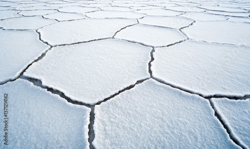 Abstract polygonal patterns stretch across the vast, stark white surface of the Salar de Uyuni.