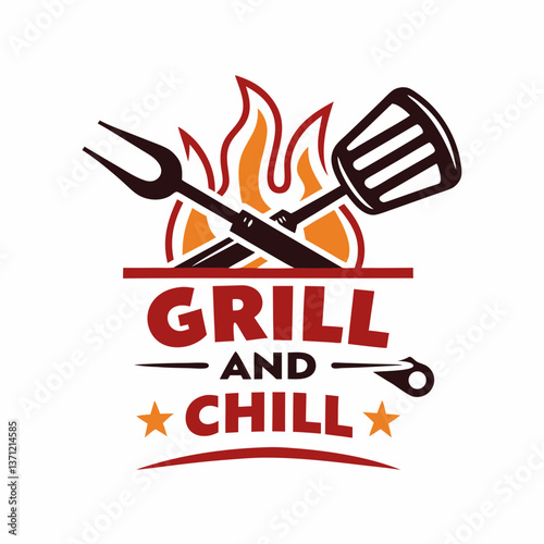 Grill and Chill: BBQ Party Logo Design with Crossed Utensils and Flames
