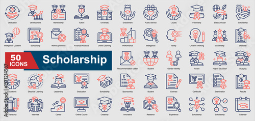 A collection of line color Scholarship icons. Includes tuition, university, fellowship, scholarship, leadership, and more. Perfect for illustrations and designs.