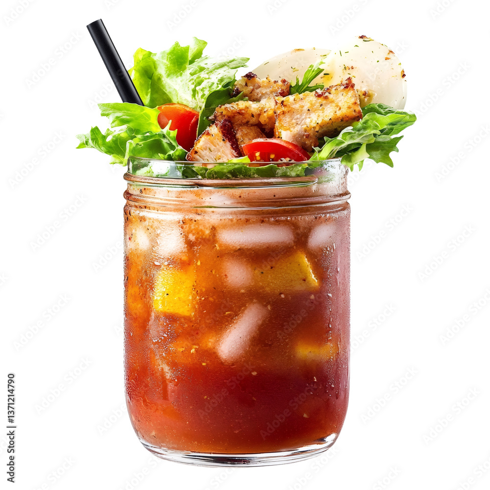 Ceasar brunch cocktail with salad garnish transparent PNG isolated background. Mixology, bar menu, colorful vibrant refreshing drink in glass jar