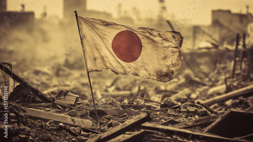 瓦礫の中で日本国旗が復興の意志を示す