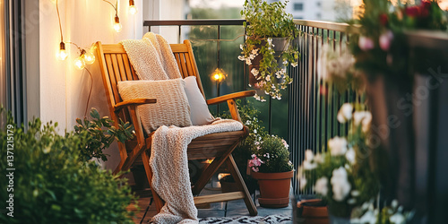Cozy terrace with pillows, blankets, plants and lights