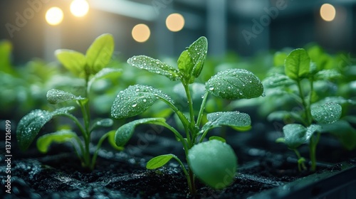 Vibrant Dew-Kissed Seedlings in a Greenhouse