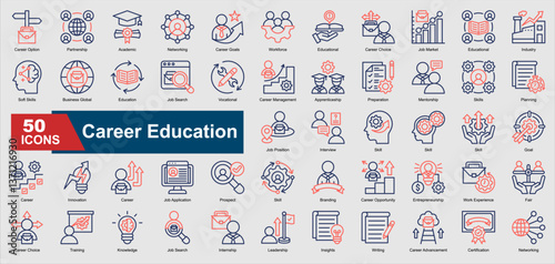 A collection of line color Career Education icons. Includes job search, career planning, mentorship, internship, leadership, and more. Perfect for illustrations and designs.