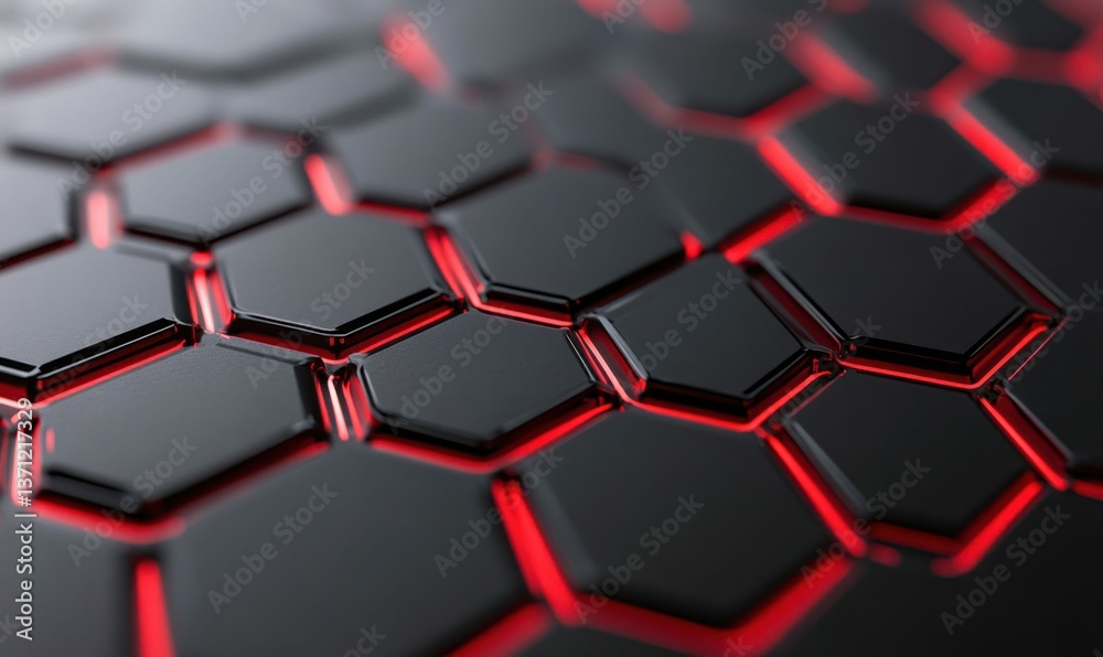 Abstract dark hexagonal tiles glowing with red light form a futuristic honeycomb pattern. Abstract dark hexagonal tiles glowing with red light form a futuristic honeycomb pattern.