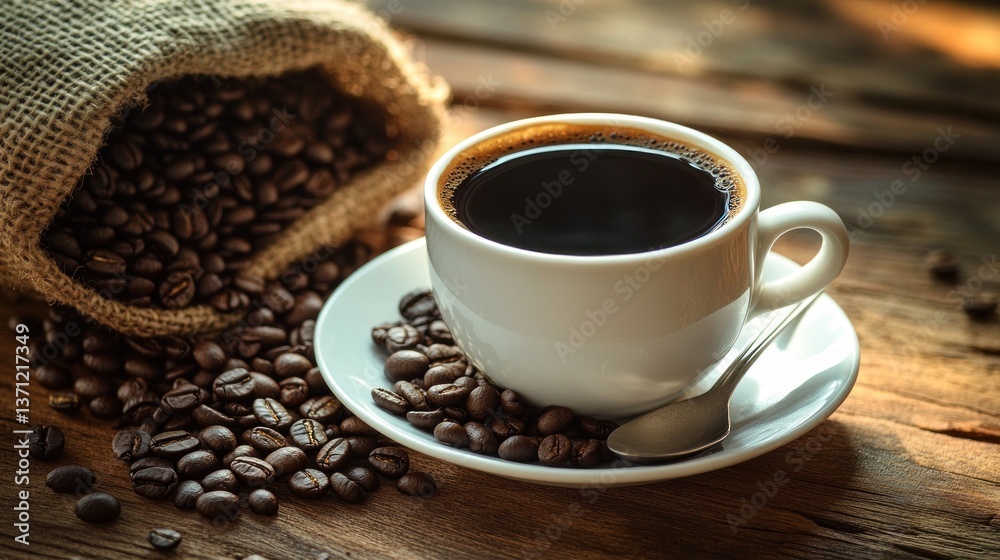 Obraz premium Aromatic Cup of Black Coffee with Roasted Beans