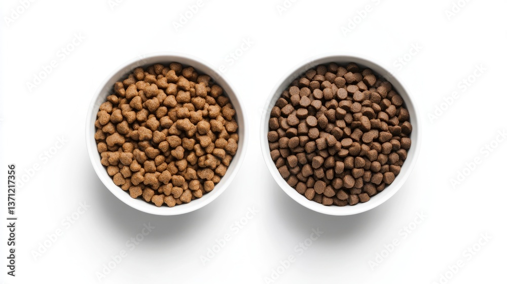 Two bowls of dry cat food on a white background Two bowls of dry cat food on a white background