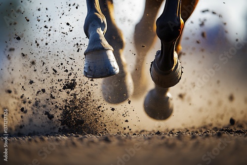 Horse hooves thundering on the race track, kicking up dirt as they charge forward