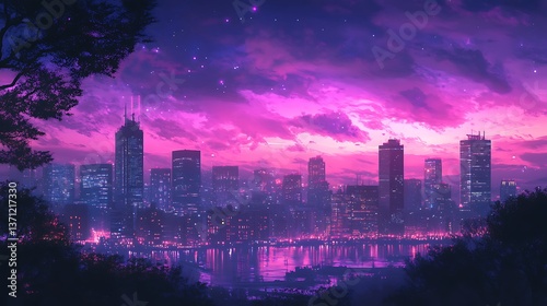 Wallpaper Mural Animated cityscape at night with purple tones and glowing lights image Torontodigital.ca