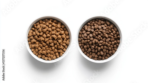 Two bowls of dry cat food on a white background