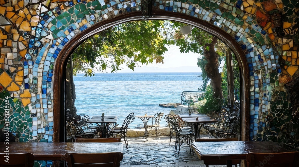 Fototapeta premium Mosaic archway frames beautiful ocean view.