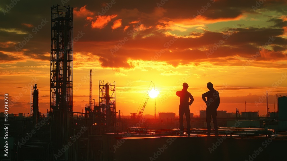 Two construction workers stand at a refinery during sunset. Use for energy, teamwork, engineering, and industrial themes. Two construction workers stand at a refinery during sunset. Use for energy, teamwork, engineering, and industrial themes.