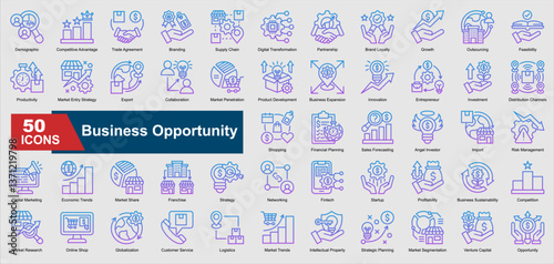 Business Opportunity Icon Collection Set. Demographic, Competitive Advantage, Trade Agreement, Branding, Supply Chain, Digital Transformation, Partnership icon. Line Gradient Style Ilustration