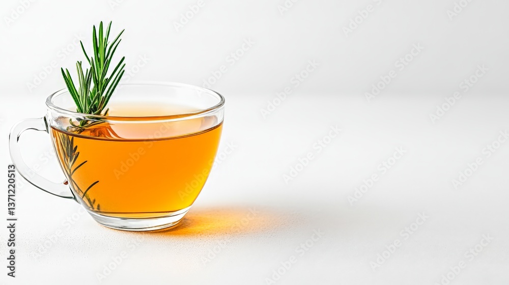 Glass Cup of Golden Herbal Rosemary Tea on White Background Glass Cup of Golden Herbal Rosemary Tea on White Background