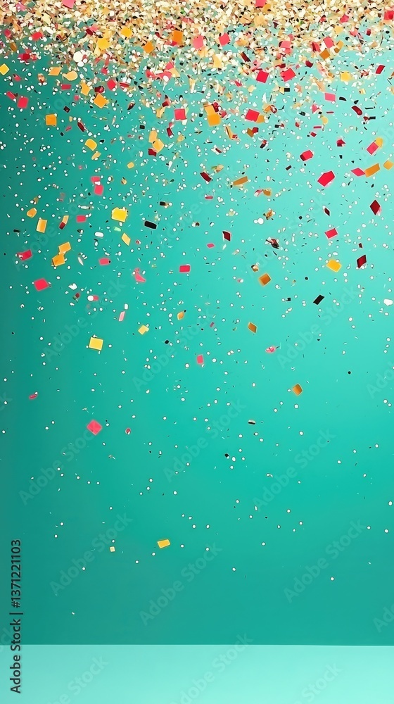 Falling confetti, teal background, celebration, party, design