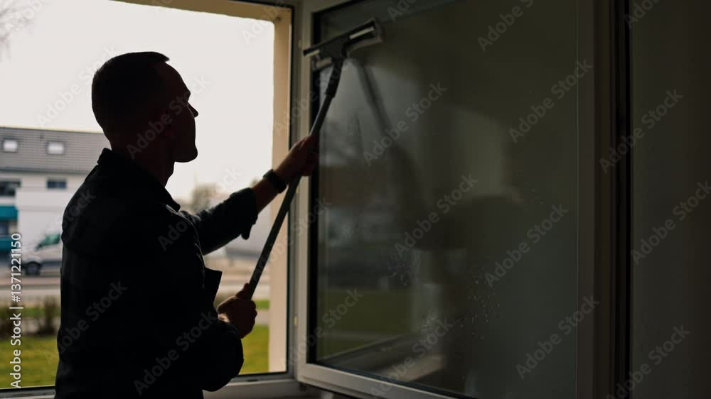 Window cleaning. Washing windows with a mop. A man carefully wipes the windows with a rag in the house. Cleanliness and order in the room. Housewife working moments Window cleaning. Washing windows with a mop. A man carefully wipes the windows with a rag in the house. Cleanliness and order in the room. Housewife working moments