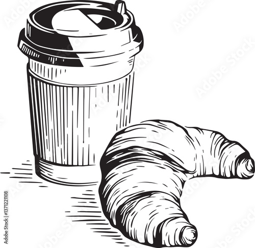 Adobe Illustrator Artwork coffe with croissant. Hand drawn perfect line vector vor cafe, restaurants and polygraphy