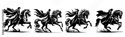 A fairy tale prince mounted on a horse galloping forward - a medieval fantasy hero depicted in black and white modern silhouette