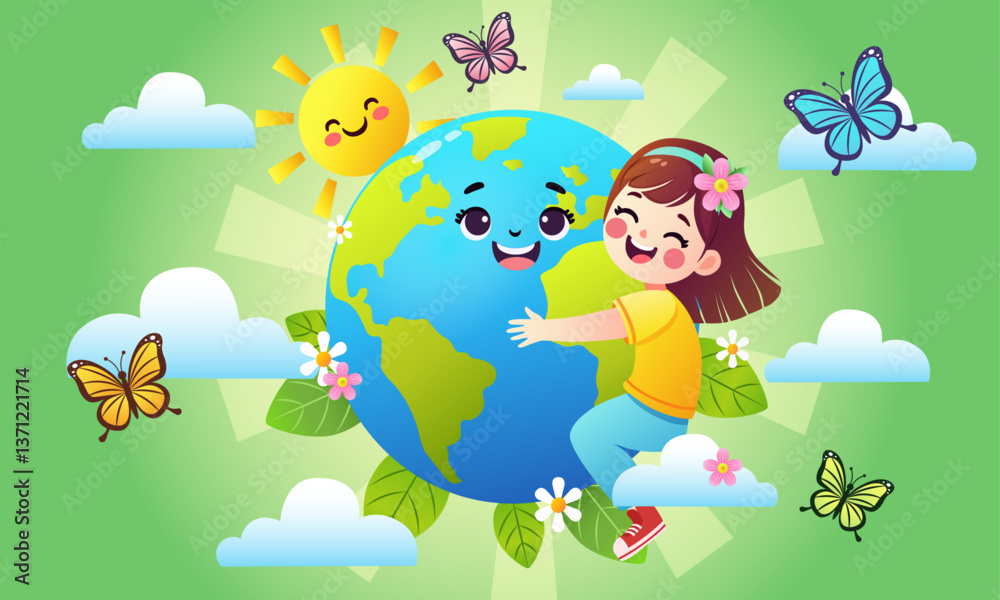 Naklejka premium A cheerful child hugging a globe with a loving and caring expression, symbolizing love and protection for Earth. Earth day