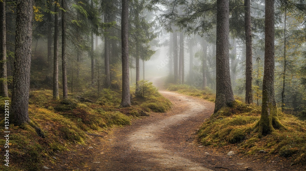 Fototapeta premium A misty forest with towering pine trees and a mysterious winding trail.