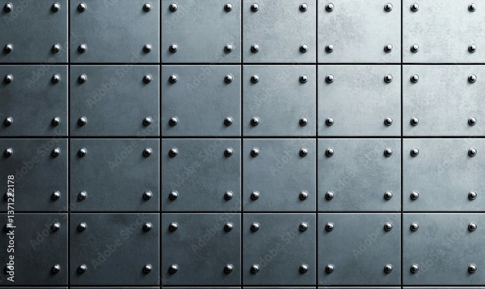 Detailed metal plate background featuring a symmetrical grid of rivets for an industrial feel.