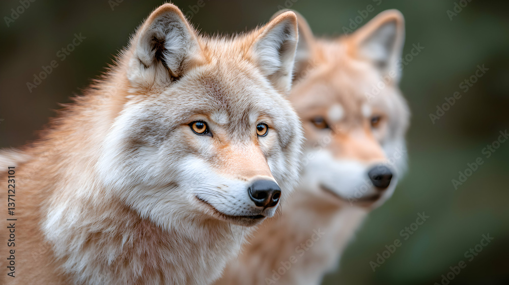 Two Wolves Close Up Portrait in Forest Setting Two Wolves Close Up Portrait in Forest Setting