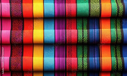 Close-up of vibrant, colorful striped woven fabric in shades of pink, red, yellow, blue and green.
