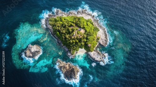 A stunning aerial view of an island with lush greenery and crystal-clear blue ocean waves.