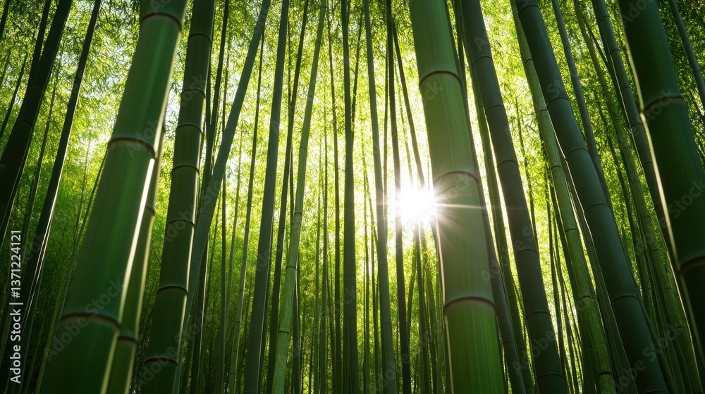 Fototapeta premium A tranquil bamboo forest with sunlight filtering through the tall green stalks.