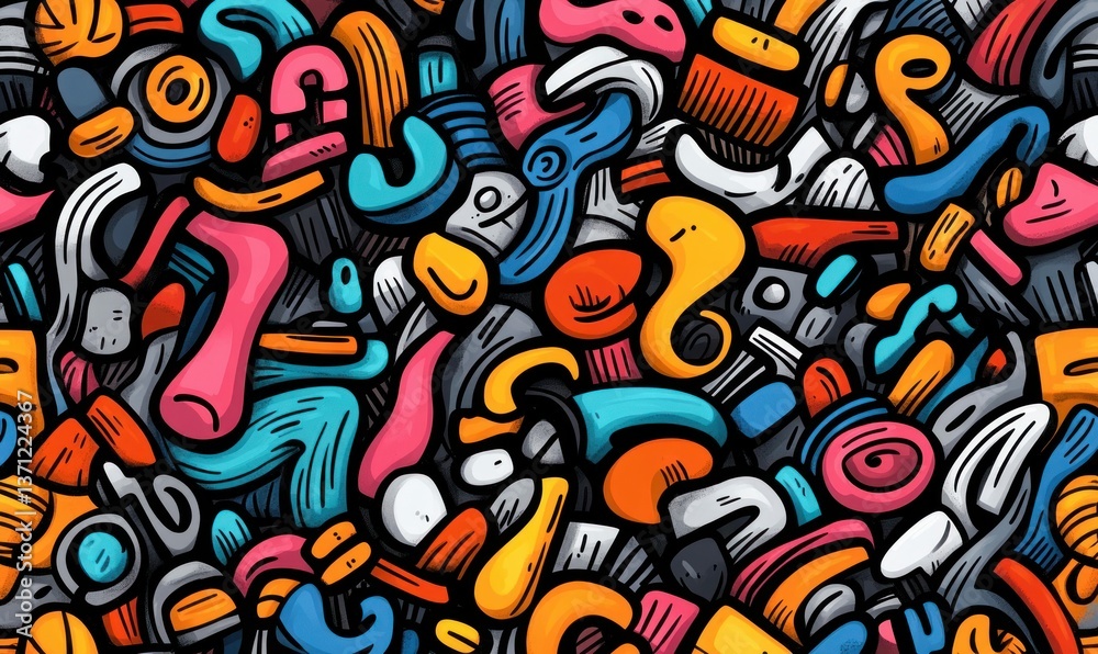 A lively abstract illustration bursts with a kaleidoscope of playful shapes and vibrant colors. A lively abstract illustration bursts with a kaleidoscope of playful shapes and vibrant colors.