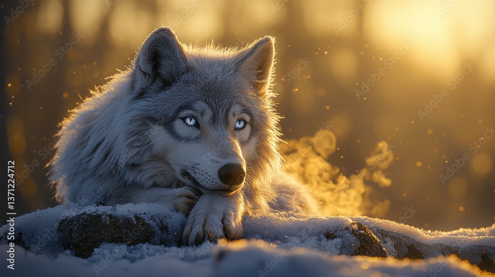 Obraz premium Relaxing wolf in golden sunlight