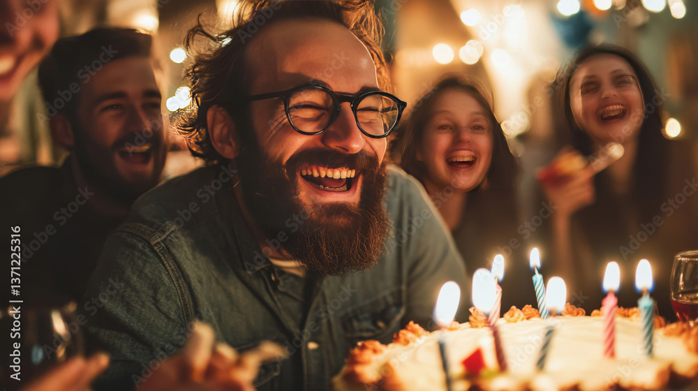 Fototapeta premium Cropped view caucasian adult happy bearded man celebrate birthday at home diverse african caucasian friends congratulate male with festive cake blowing party whistles make surprise annual tradition