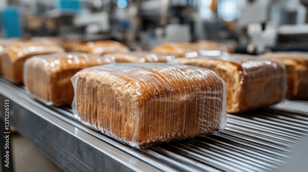 Bakery Production Line: Freshly Baked Bread Wrapped and Ready for Distribution