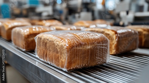 Obraz na płótnie Bakery Production Line: Freshly Baked Bread Wrapped and Ready for Distribution w salonie