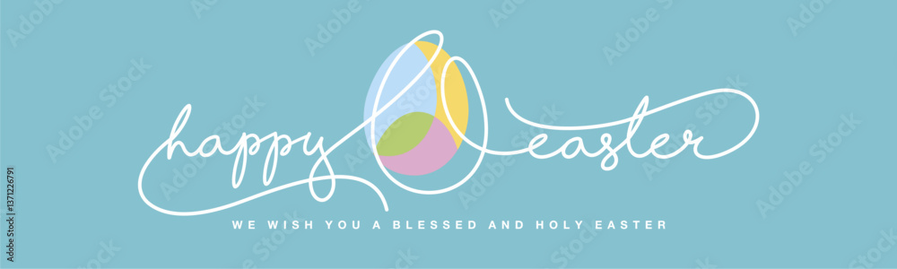 Happy Easter greeting card. Happy Easter continuous handwritten calligraphy lettering line design and colorful Easter egg in the middle on sea green background Happy Easter greeting card. Happy Easter continuous handwritten calligraphy lettering line design and colorful Easter egg in the middle on sea green background