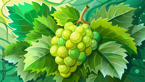 A vivid close-up view of a plump green grape cluster nestled among bright green leaves