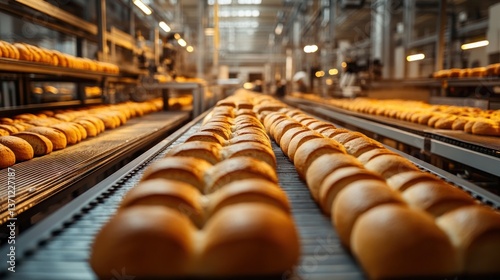 Industrial Bread Production Line: Golden Loaves on Conveyor Belts in a Modern Bakery Factory