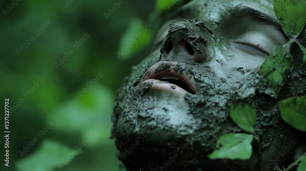 Close-up of a person's face covered in mud, nestled amidst foliage Close-up of a person's face covered in mud, nestled amidst foliage