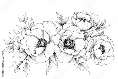 Fototapeta Naklejka Na Ścianę i Meble -  Several peonies in sketch or drawing style. White background. Composition of flower buds and leaves. Design element