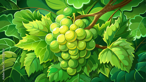 A vivid close-up view of a plump green grape cluster nestled among bright green leaves