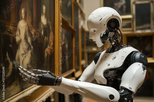 Humanoid robot admiring classical painting in art museum