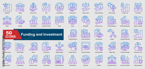 A collection of line gradient Funding and Investment icons. Includes venture fund, ROI, crowdfunding, financial backing, stock market, and more. Perfect for illustrations and designs.